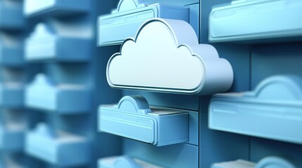A stylized cloud icon is surrounded by blue storage drawers, representing cloud storage and digital organization.