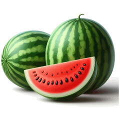 Whole and Sliced Watermelon Illustration &ndash; Fresh Summer Fruit with Green Stripes and Juicy Red Flesh
