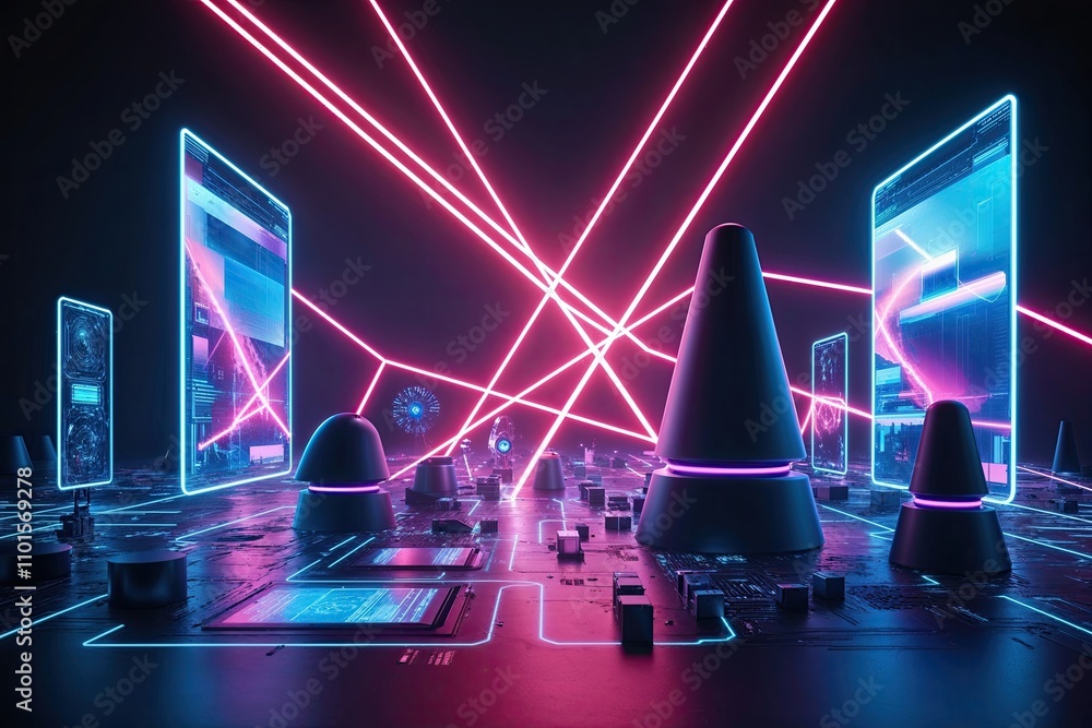 Poster cutting edge 3d model featuring abstract imagery and vibrant neon lines in a digital tech environmen