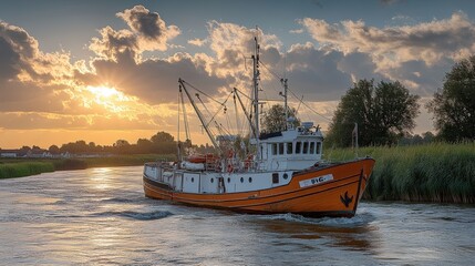 Fototapeta premium A fishing boat navigates a serene waterway at sunset, highlighting the beauty of nature.