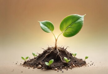 young sprout growing from the ground in early spring, isolated on light green background