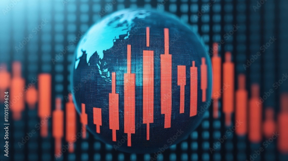 Poster a 3d render of the earth surrounded by financial data visualizations highlighting global market tren