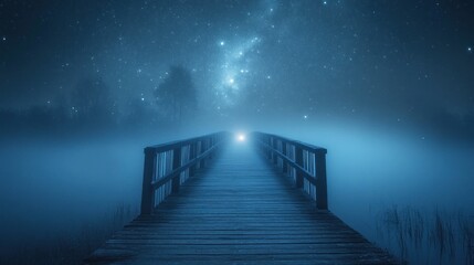 Misty Night Bridge Under Starry Sky Leading to Enchanting Unknown