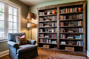 Cozy Eclectic Home Library Design Featuring Rustic Bookcase and Armchair