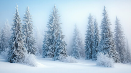 Fototapeta premium Peaceful Winter Scene in a Foggy Forest (christmas-tree)