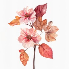 Fototapeta premium Delicate watercolor flowers with vibrant leaves, showcasing soft pink petals and autumnal hues for a serene botanical display.