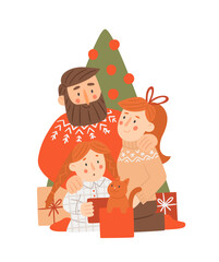 Happy family under Christmas tree with presents. Vector cartoon illustration in flat style. Mother, father and daughter open Christmas or New Year gift boxes. Template for greeting card