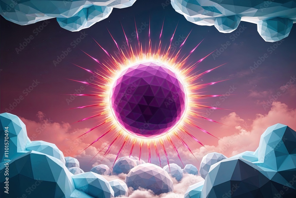 Poster three dimensional layered polygonal ellipse emitting vibrant light in a whimsical cloud setting