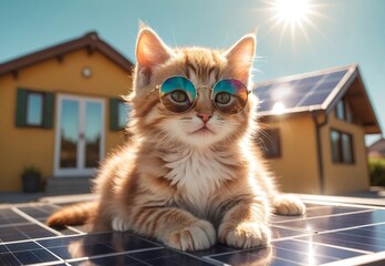 An adorable kitten sits on the edge of a solar panel located on the roof of a house