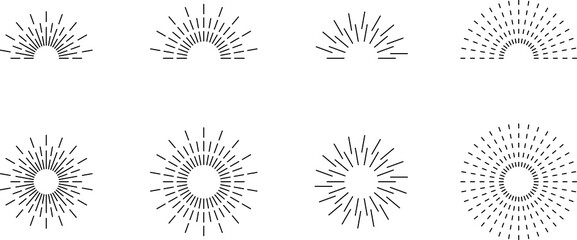 Vintage sunburst set. Bursting rays sunrise firework starburst blast, Radiant Spark. Rays. Geometric Design Elements. Retro radiant sunburst, starburst hand drawn label, sun rays.