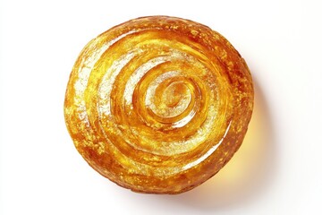 Manchet bread with spiral scoring and golden crust on white background