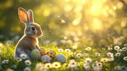 Cute Easter bunny sits in green meadow full of daisies. Warm sunlight shines on bunny, colorful Easter eggs. Spring scene for Easter celebration. Bunny holds eggs. Beautiful spring nature. Happy