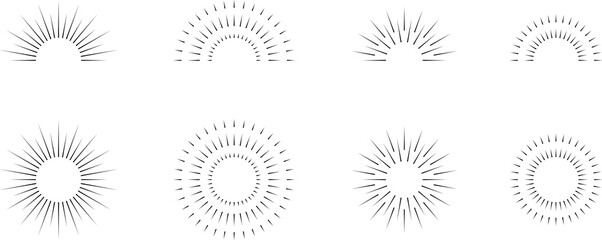 Vintage sunburst set. Bursting rays sunrise firework starburst blast, Radiant Spark. Rays. Geometric Design Elements. Retro radiant sunburst, starburst hand drawn label, sun rays.