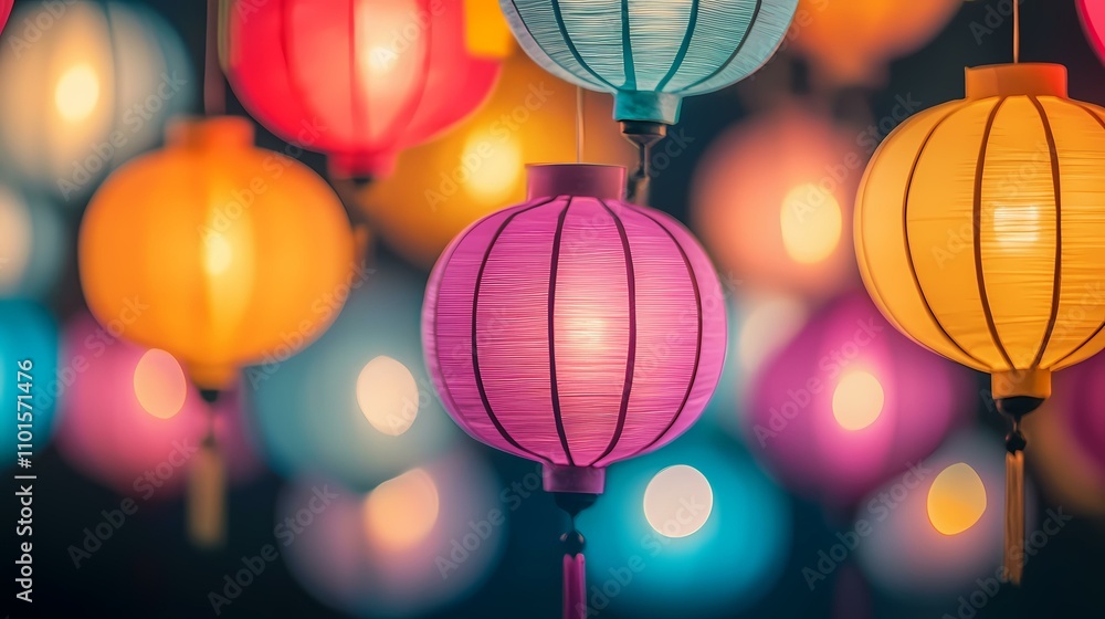 Poster the image shows several chinese lanterns of different colors, hanging in a dark space. the lanterns 