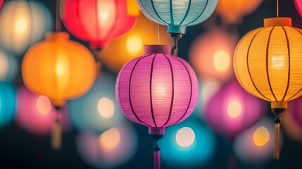 The image shows several Chinese lanterns of different colors, hanging in a dark space.  The lanterns are illuminated from within.  The image appears to be taken at night.  All the lanterns are out of