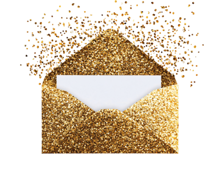 a gold glittered envelope with a white card inside