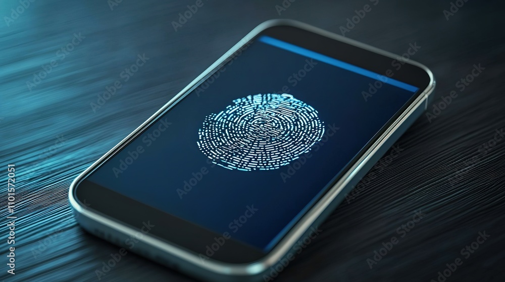Poster a smartphone displaying a digital fingerprint on its screen, symbolizing biometric security and pers
