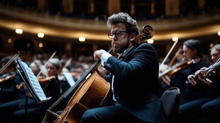 Fototapeta premium Musician in formal attire playing cello in an orchestra during a classical concert in a large auditorium with focused expression while reading sheet music