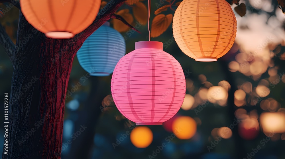 Aufkleber the image shows four paper lanterns hanging from a tree branch. there is a pink one in the foregroun