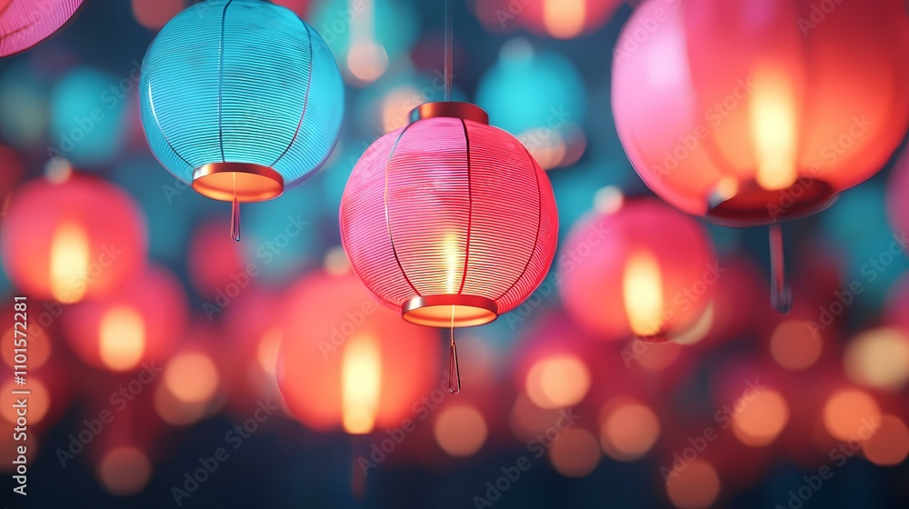Poster the image depicts a cluster of red and blue paper lanterns glowing against a softly blurred backgrou