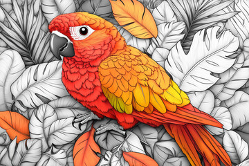 Obraz premium illustration, perroquet, animaux de la jungle, dessin enfants, mignon, tout-petits, adorable, joli, fun, coloré