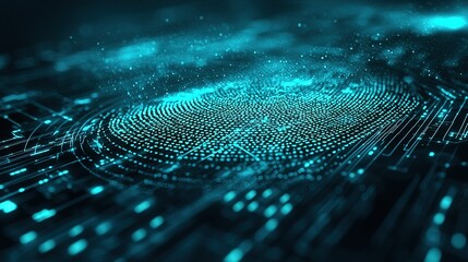 A digital abstract image featuring glowing blue dots arranged in a circular pattern, symbolizing technology and data connectivity.