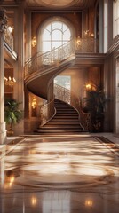 Fototapeta premium Grand Staircase in Elegant Mansion with Luxurious Architecture and Warm Sunlit Ambience