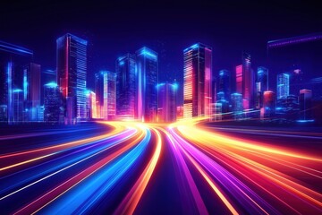 Fototapeta premium Futuristic city at night. Neon lights illuminate skyscrapers. Speed light trails show rapid movement. Highway curves through urban landscape. Modern tech city at night. Vivid colors create dynamic,