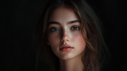 Fototapeta premium Model poses with natural makeup and soft lighting for an artistic portrait in a dark setting