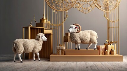 Sheeps and product display podium 3D rendering background. Concept of islamic celebration ramadan kareem or eid al fitr adha with blank space, bedug, and gift box.