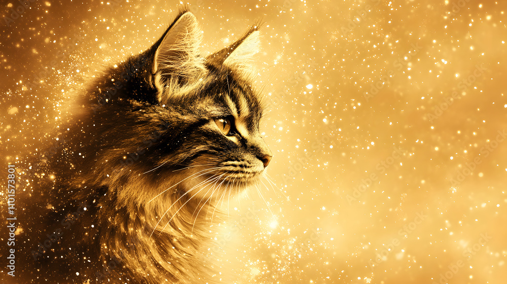Poster a majestic cat gazes into the distance against a shimmering golden backdrop, creating a magical and 