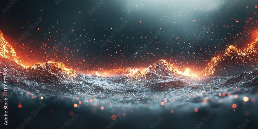 Aufkleber ethereal light scatter and ruby red bokeh flares in dramatic black depths glowing particles abstract