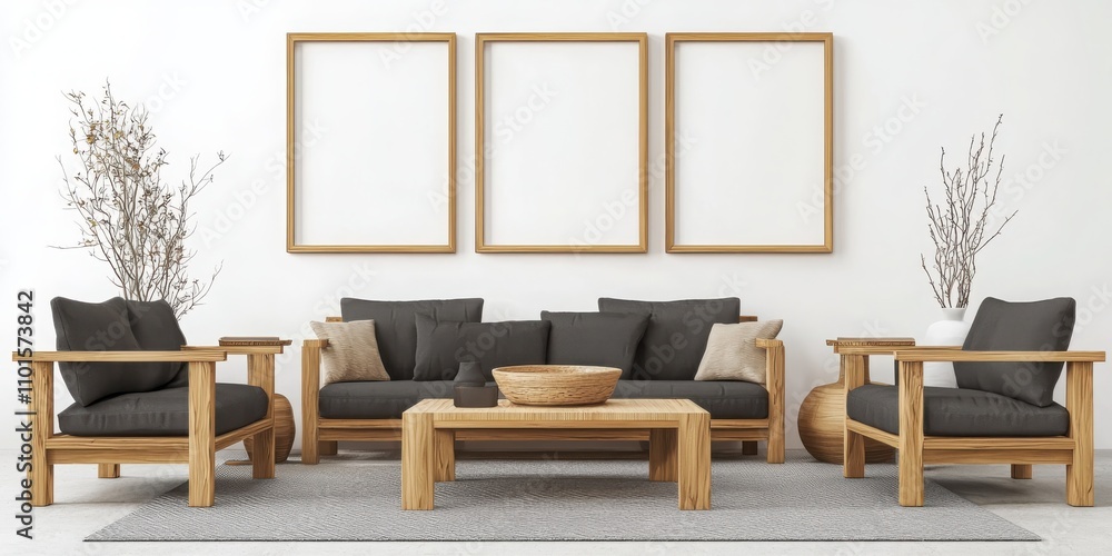 Poster showcasing organic furniture forms in a scandinavian gallery mockup a triple frame grid display of m