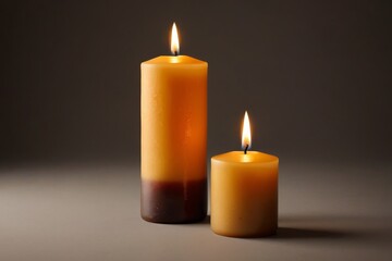 candles are lit in a dark room with a gray background