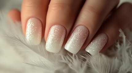 Elegant white ombre nails with sparkling glitter, beautifully showcased against a soft feather background, highlighting a delicate and stylish manicure.