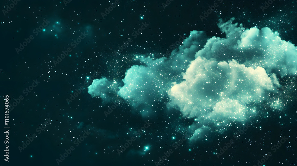 Poster a dreamy cloud floats through a starry night sky, surrounded by shimmering cosmic particles and a de