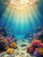 Fototapeta premium Sandy seafloor with diverse sea life and sunlight, sandy seafloor, blue sea, colorful coral
