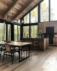 Creating a scandinavian kitchen interior with linear wood elements dark accents and organic dining vibes in a nature-inspired space