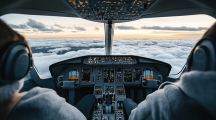 Fototapeta premium Airplane cockpit view with pilots flying above the clouds during sunrise or sunset, showcasing avionics and control panels.