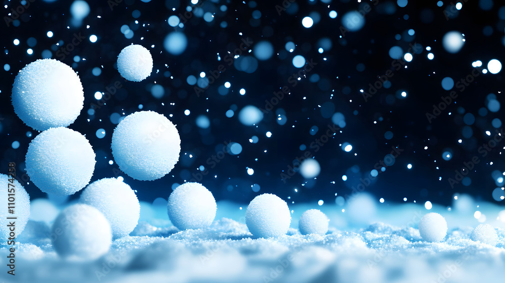 Aufkleber a serene winter scene featuring floating snowballs and falling snowflakes against a dark blue backgr