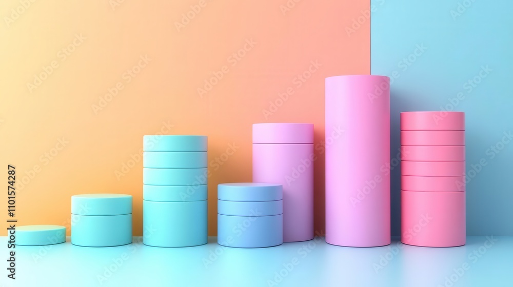 Poster a colorful arrangement of cylindrical containers in ascending sizes against a pastel background disp