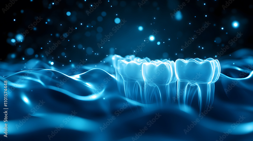 Poster a serene blue abstract image showing fluid shapes resembling teeth, surrounded by a soft, glowing at