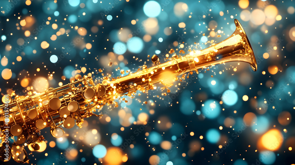 Poster a shimmering saxophone with a bokeh background of golden and blue lights, embodying the joy and vibr