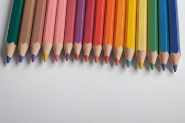 a close up of a group of colored pencils on a white surface
