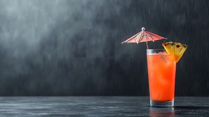 A tropical cocktail served in a tall glass with a slice of pineapple, cherry, and umbrella garnish on a bar, vibrant summer atmosphere