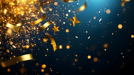 Obraz premium A vibrant display of golden confetti, stars, and sparkles against a dark background, creating a festive and celebratory atmosphere