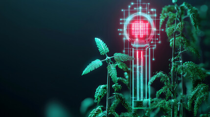 Renewable Energy Market Trends. Innovative digital thermometer with plant elements, symbolizing technology and nature harmony. This conceptual image highlights fusion of nature and technology