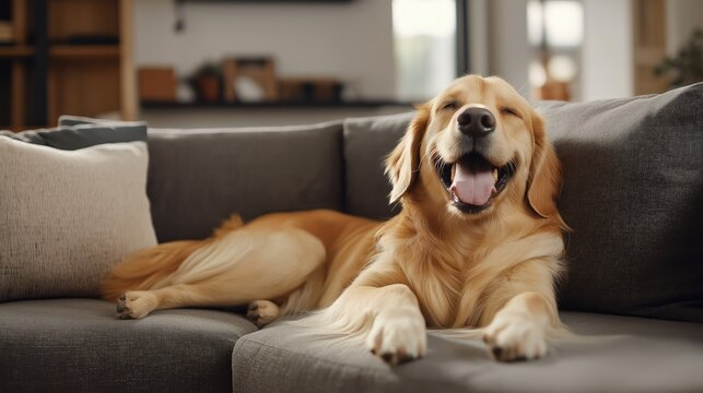 Happy golden retriever dog rests on grey sofa. Cute pet lies in modern home living room. Adorable animal enjoys comfy couch. Dog breed sleeps peacefully indoors. Happy canine relaxes at home.