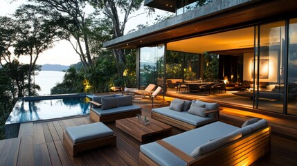 Obraz premium A serene wooden terrace with sleek lounge furniture and expansive glass windows, blending luxury and modernity