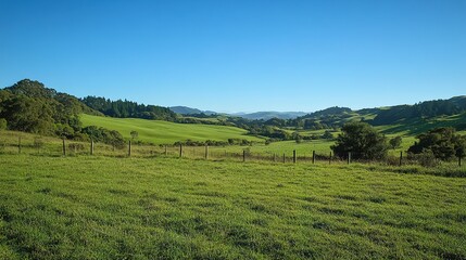 Obraz premium Serene Green Valley Landscape: A picturesque view of a lush green valley under a clear blue sky, rolling hills in the distance, and a rustic fence adding a touch of charm.